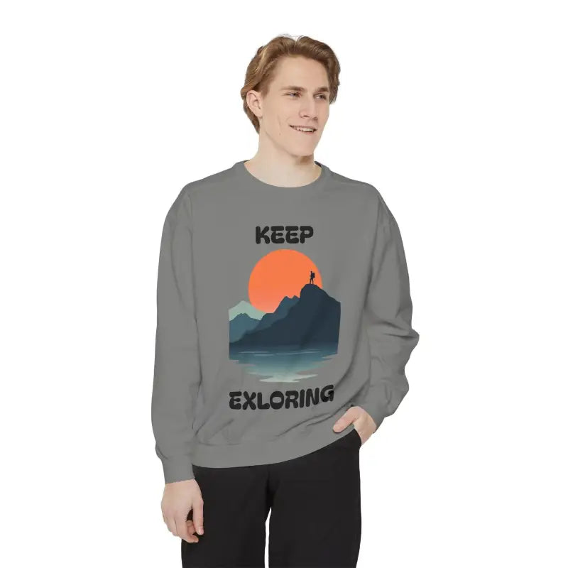 Gray Unisex Garment Dyed Sweatshirt featuring a Mountain Graphic design