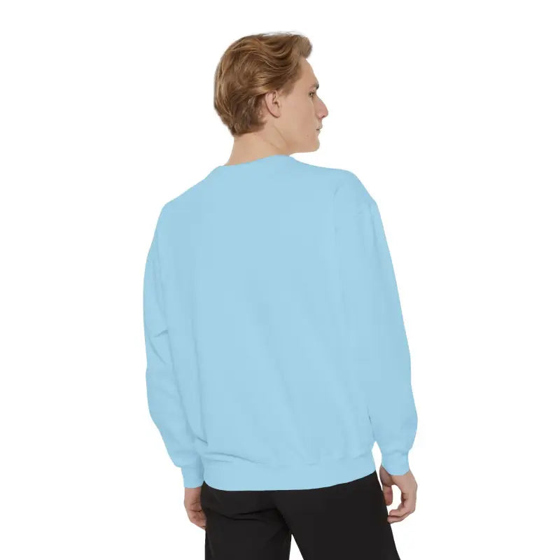 Light blue unisex garment dyed Mountain graphic sweatshirt displayed on a neutral background
