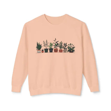 Peach-colored unisex lightweight crewneck sweatshirt with potted plant design