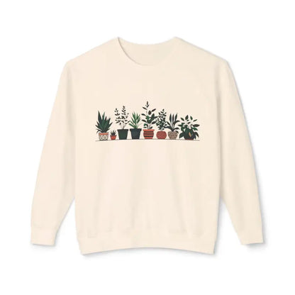 Cream-colored unisex lightweight crewneck sweatshirt featuring a potted plant design