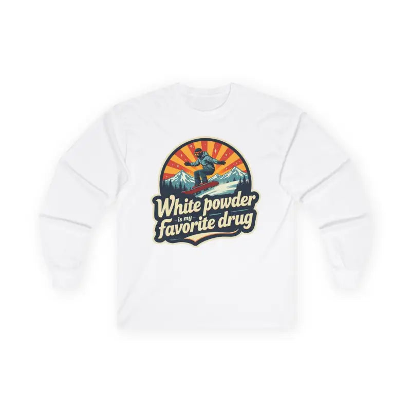 Unisex Long Sleeve Skiing Shirt White Powder My Favorite Drug Light Blue Gray and White - Ocean State Styles