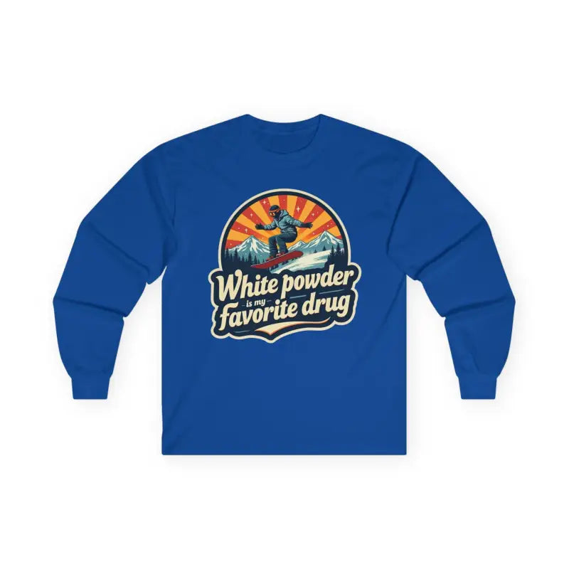 Unisex Long Sleeve Skiing Shirt White Powder My Favorite Drug Light Blue Gray and White - Ocean State Styles