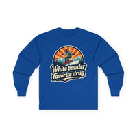 Unisex Long Sleeve Skiing Shirt White Powder My Favorite Drug Light Blue Gray and White - Ocean State Styles