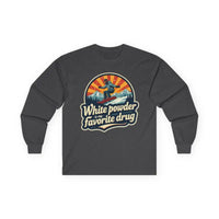 Unisex Long Sleeve Skiing Shirt White Powder My Favorite Drug Light Blue Gray and White - Ocean State Styles