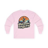 Unisex Long Sleeve Skiing Shirt White Powder My Favorite Drug Light Blue Gray and White - Ocean State Styles