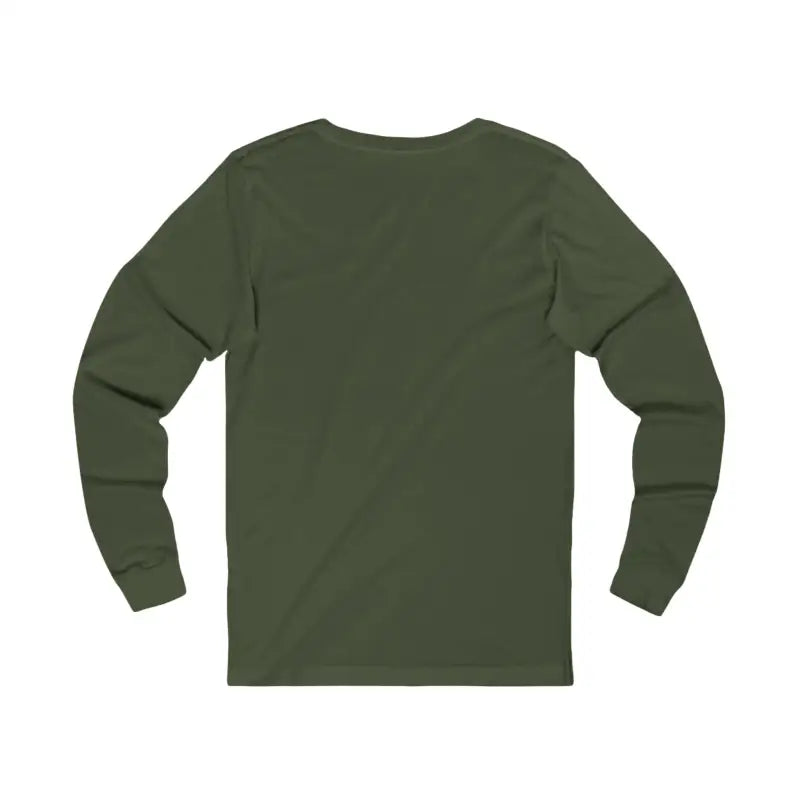 Back view of dark olive green unisex long sleeve travel and adventure tee