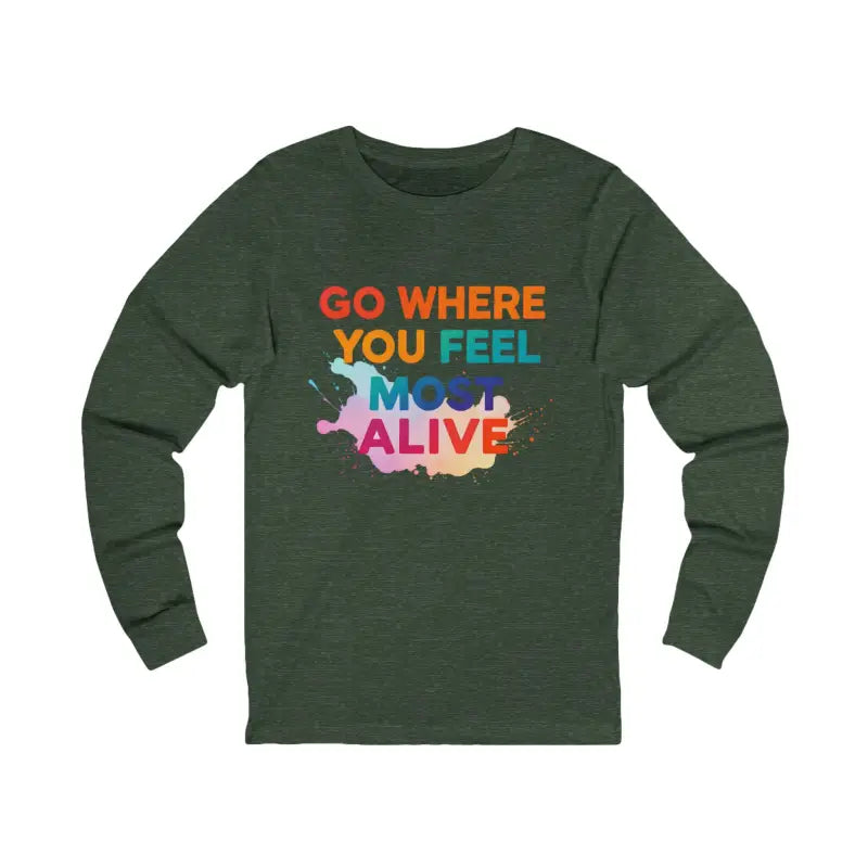 Dark green long-sleeve T-shirt with colorful graphic design for travel and adventure enthusiasts