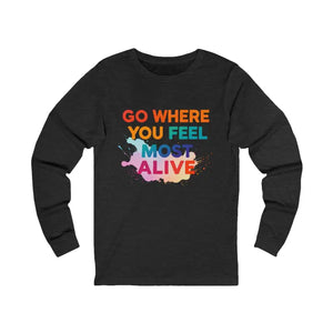 Black long-sleeved T-shirt with colorful splash design and inspiring travel quote