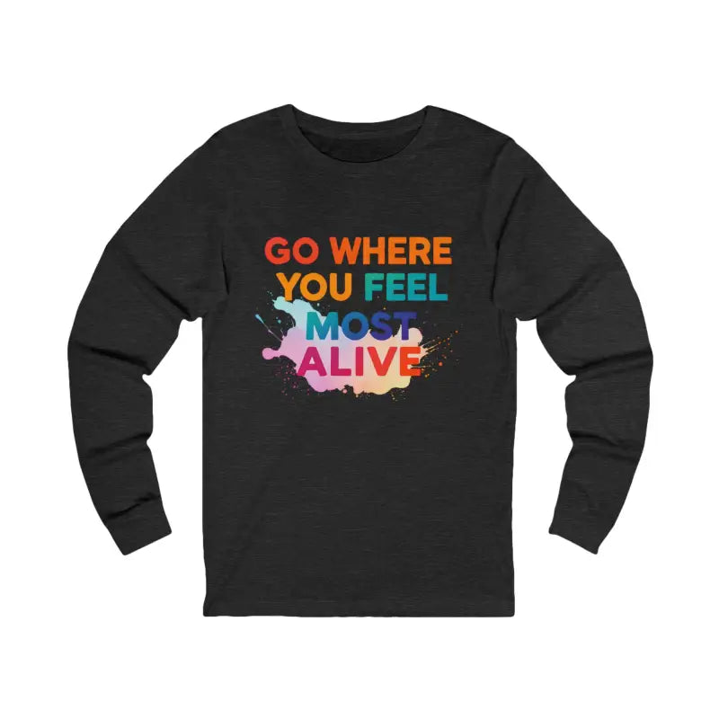 Black long-sleeved T-shirt with colorful splash design and inspiring travel quote