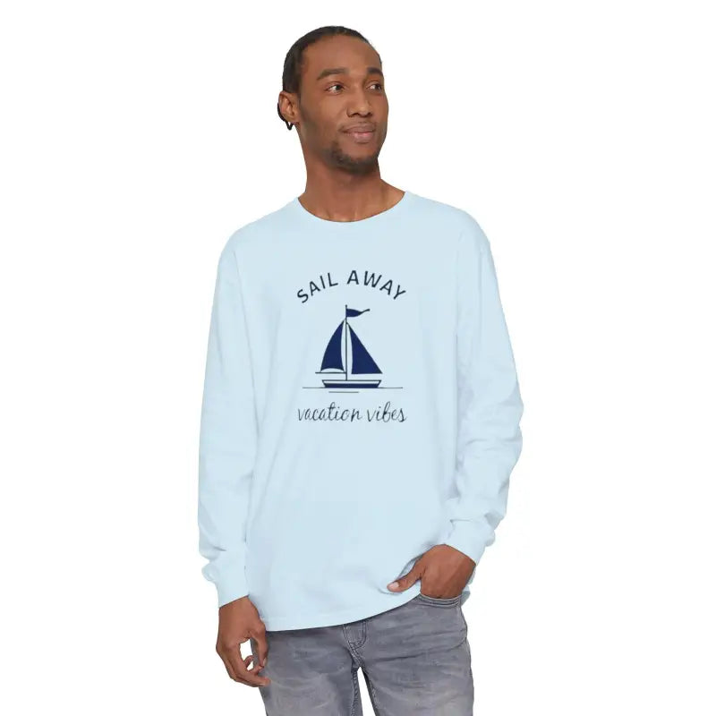 Light blue unisex long-sleeved shirt featuring a sailboat graphic design