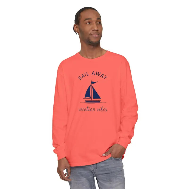 Coral long-sleeved Unisex Sailboat Graphic Shirt displayed on a neutral background