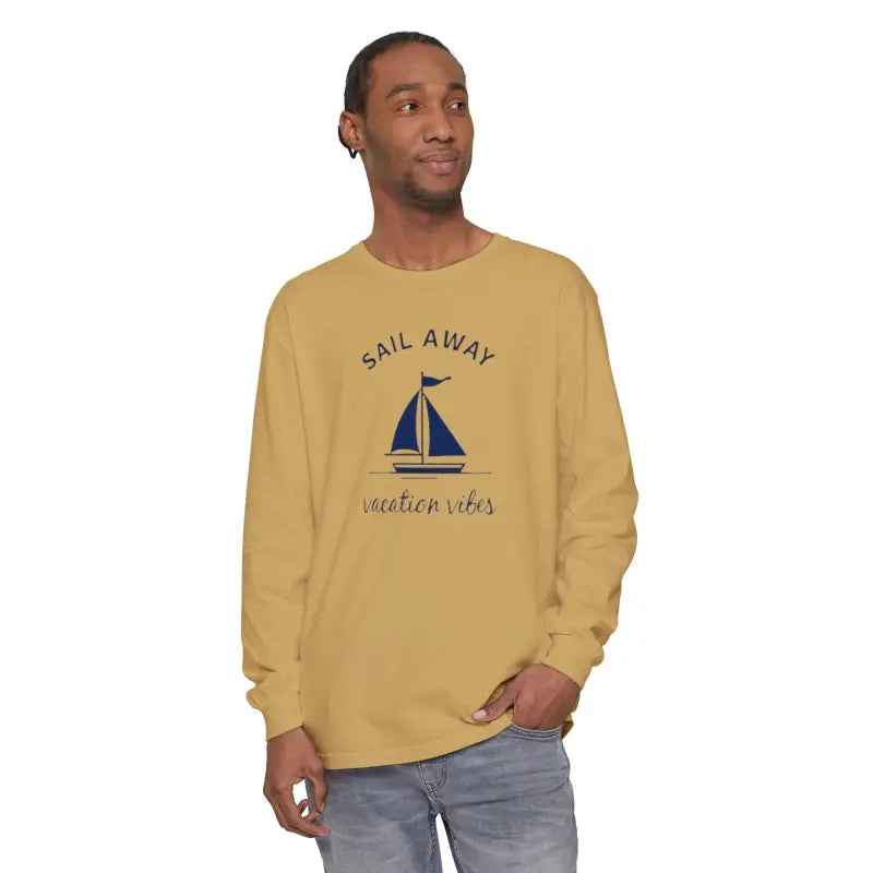Unisex Sailboat Graphic Long Sleeve Shirt featuring a stylish sailboat design