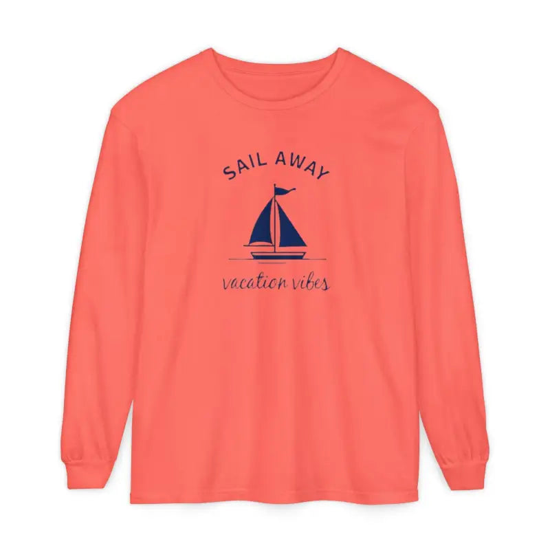Coral long-sleeved shirt featuring sailboat graphic from Unisex Sailboat Graphic collection