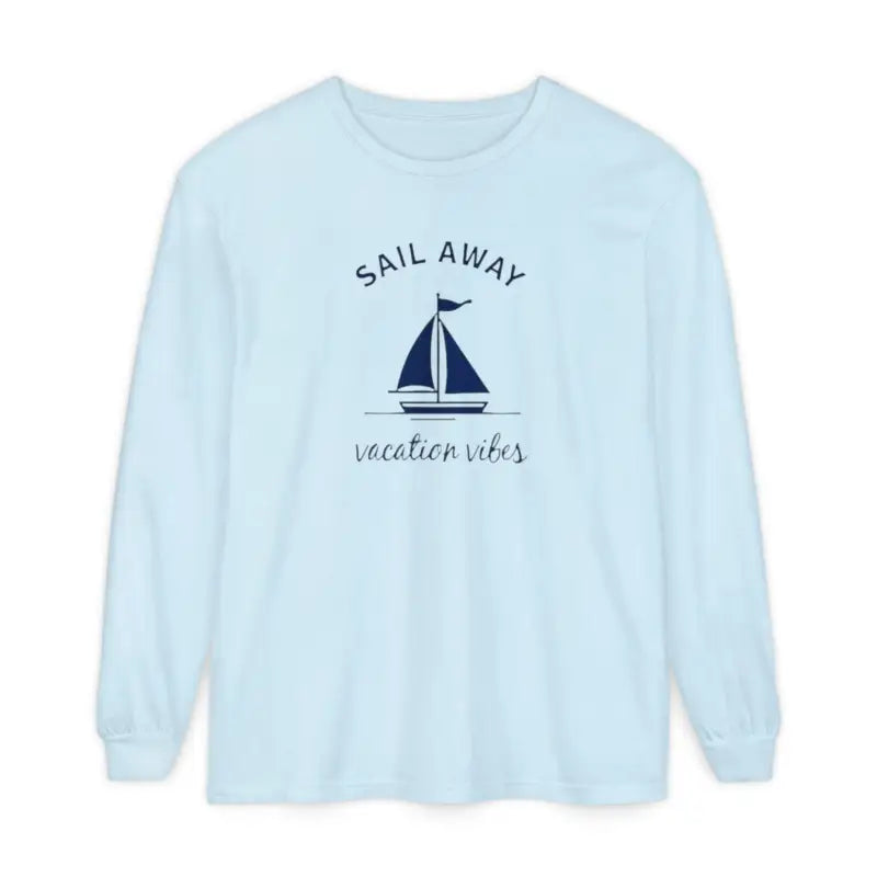Light blue unisex long-sleeved shirt featuring a sailboat graphic design