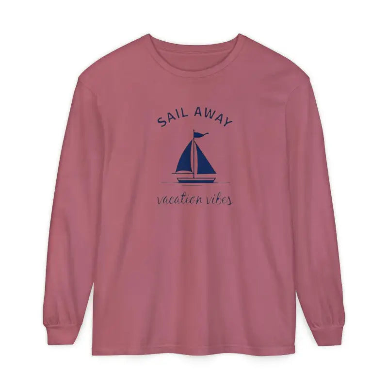 Pink long-sleeved Unisex shirt featuring a sailboat graphic design for casual wear