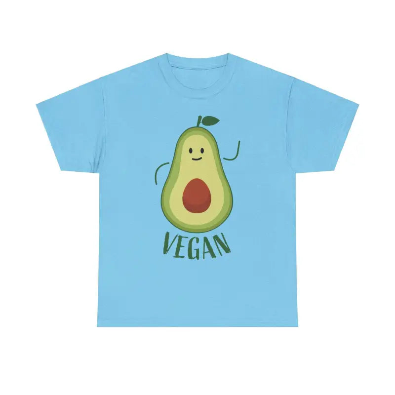 Light blue unisex vegan t-shirt featuring a trendy avocado graphic design