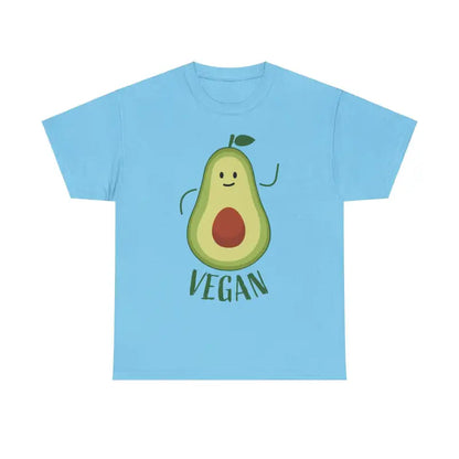 Light blue unisex vegan t-shirt featuring a trendy avocado graphic design