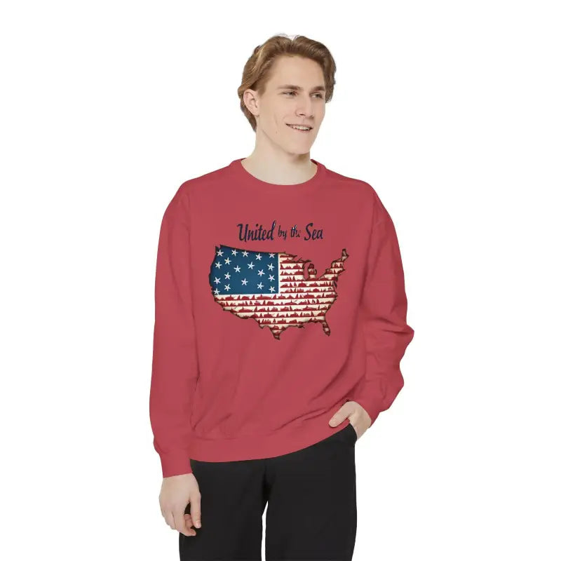 Red sweatshirt featuring USA flag design from United by the Sea Nautical America collection