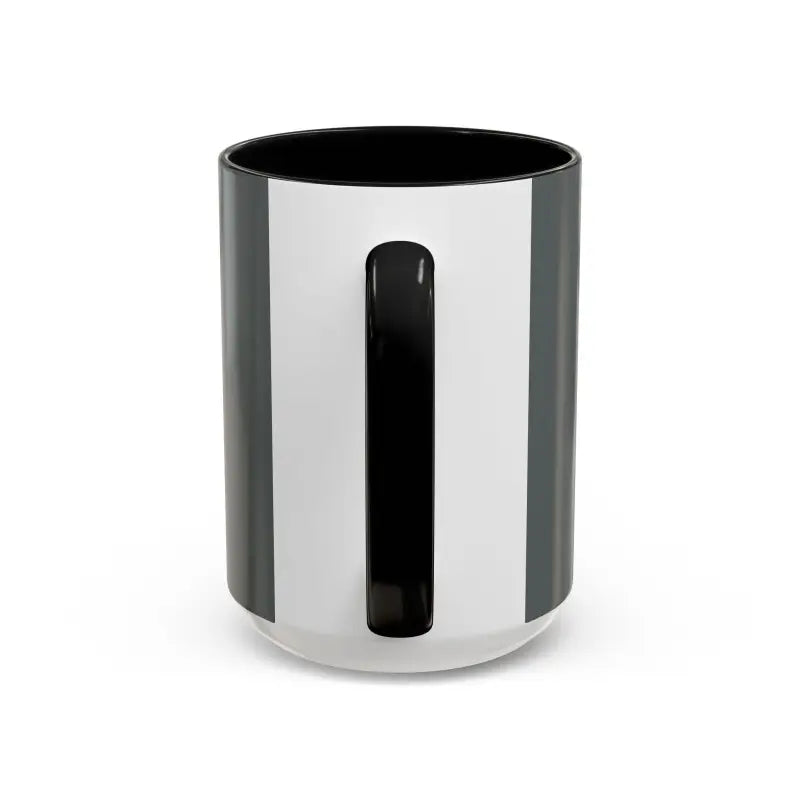 Black and white mug with handle from the Vibe Coffee Mug featuring pink and blue interiors