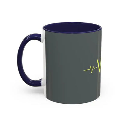Gray mug with blue accents from the Vibe Coffee Mug with Pink and Blue Interiors collection