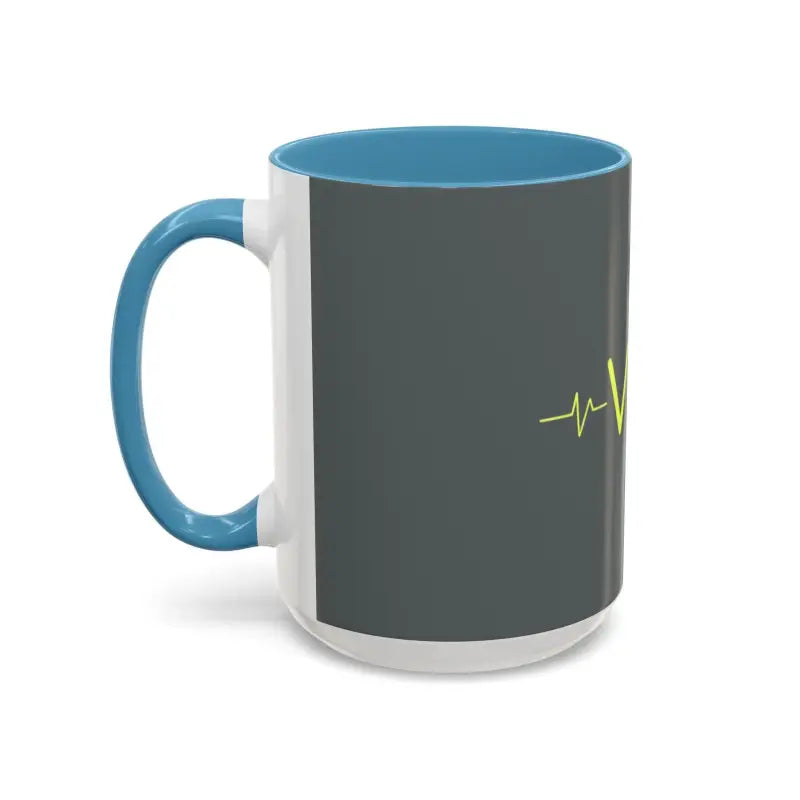 Gray and white Vibe Coffee Mug featuring a blue handle and interior