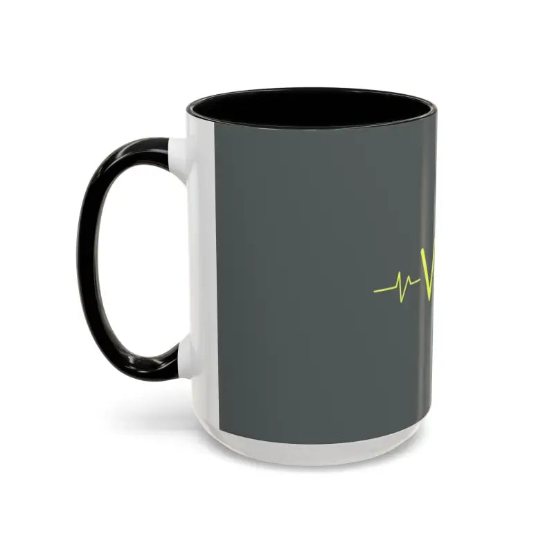 Gray and white Vibe Coffee Mug featuring a black handle and pink and blue interiors