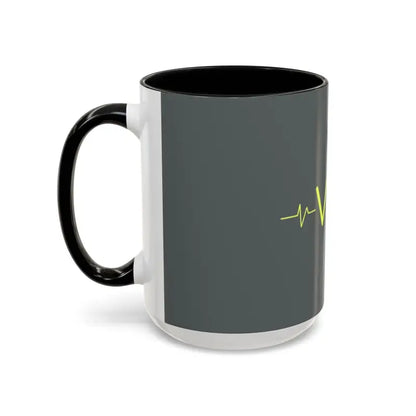 Gray and white Vibe Coffee Mug featuring a black handle and pink and blue interiors