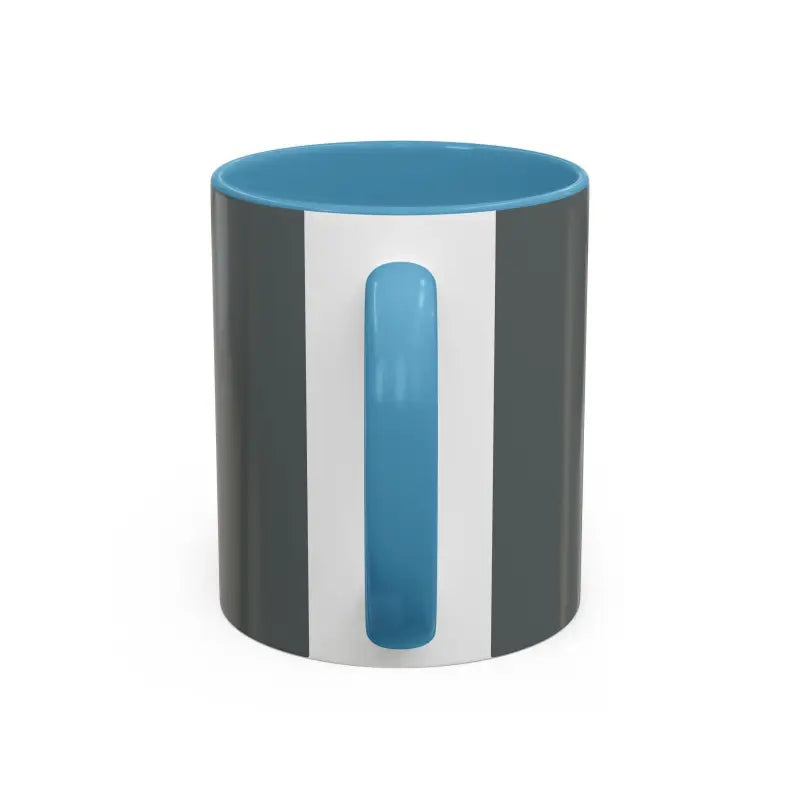 Gray and white Vibe Coffee Mug featuring blue interior and handle for stylish enjoyment