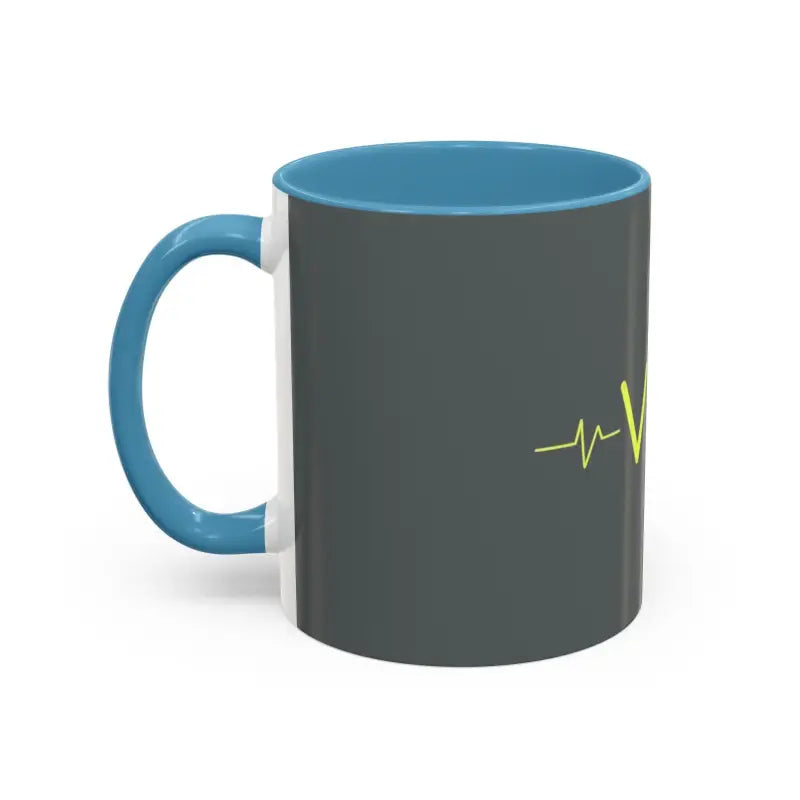 Gray mug with blue handle and interior from Vibe Coffee Mug collection