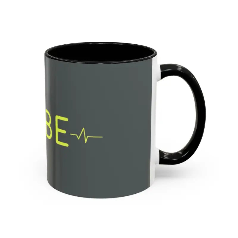 Gray and black Vibe Coffee Mug featuring pink and blue interiors