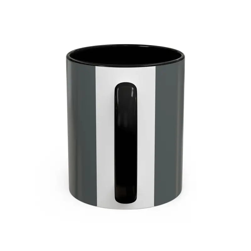 Gray and white Vibe Coffee Mug featuring black handle and pink and blue interiors