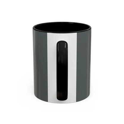Gray and white Vibe Coffee Mug featuring black handle and pink and blue interiors
