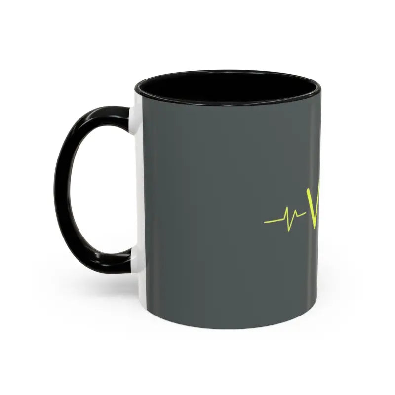 Gray mug with black handle and interior from Vibe Coffee Mug featuring pink and blue interiors