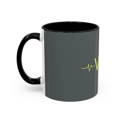 Gray mug with black handle and interior from Vibe Coffee Mug featuring pink and blue interiors