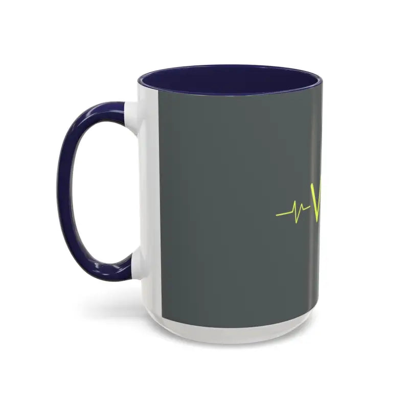 Gray and white Vibe Coffee Mug featuring navy blue accents and pink and blue interiors