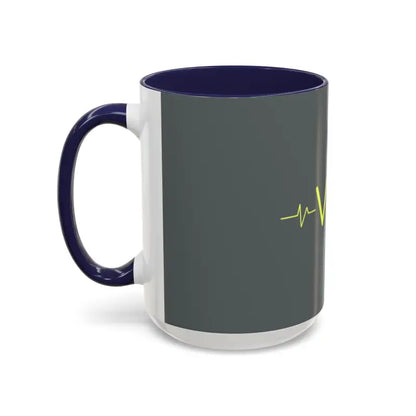 Gray and white Vibe Coffee Mug featuring navy blue accents and pink and blue interiors