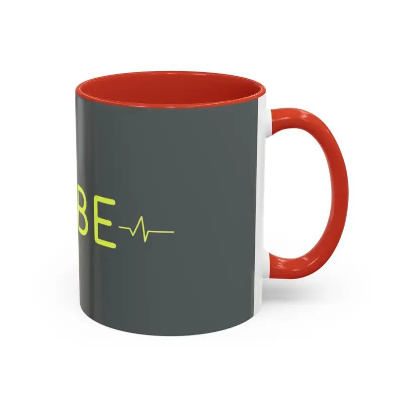 Gray and red Vibe Coffee Mug with pink and blue interiors displayed elegantly