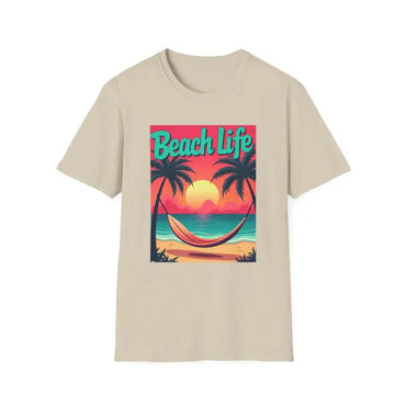 Beige t-shirt featuring a beach scene graphic for Vibrant Life’s a Beach collection