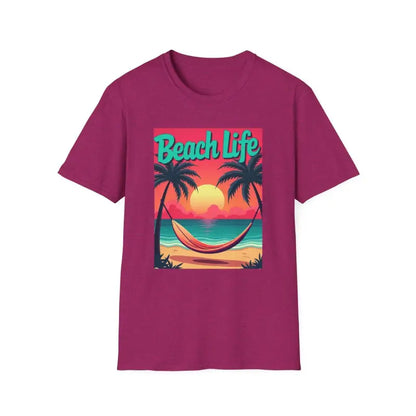 Magenta T-shirt featuring a beach scene graphic for summer beach enthusiasts