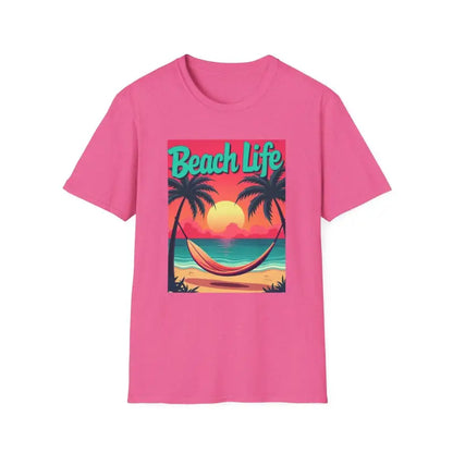 Pink t-shirt featuring a beach scene for summer beach lovers by Vibrant Life