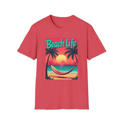 Red t-shirt featuring a beach scene for Vibrant Life’s a Beach T Shirt collection