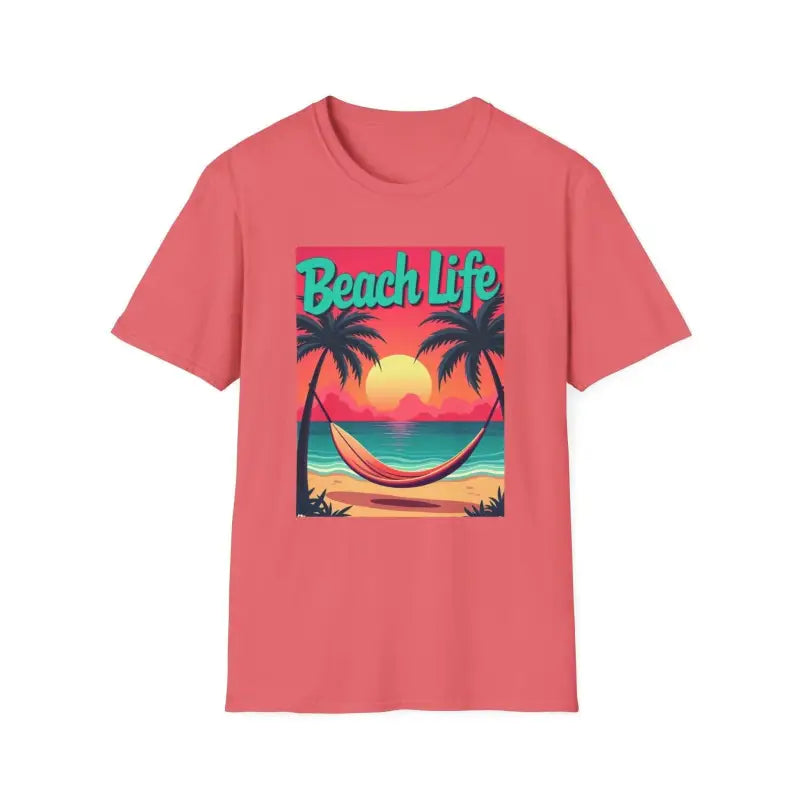 Salmon-colored t-shirt featuring a beach scene for summer beach lovers