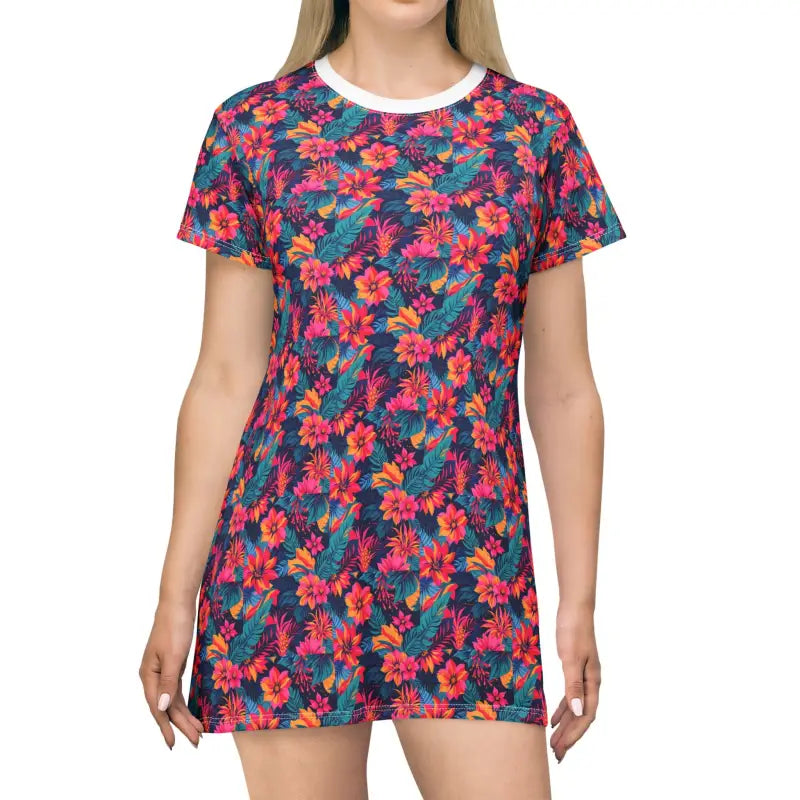 Tropical Floral Print T Shirt Dress featuring vibrant floral patterns on soft fabric