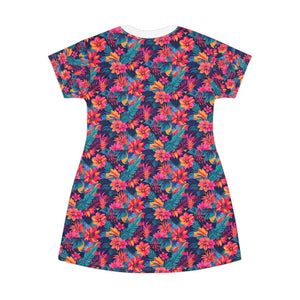Vibrant Tropical Floral Print T Shirt Dress for Summer Fun - Ocean State Styles