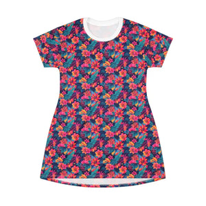 Vibrant Tropical Floral Print T Shirt Dress for Summer Fun - Ocean State Styles