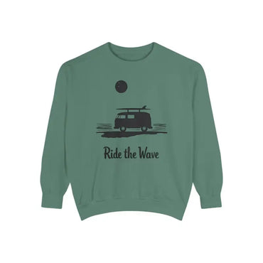 Green sweatshirt featuring a van graphic from the Wave Rider Sweatshirt Collection