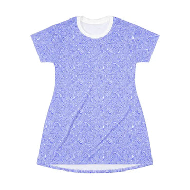 Blue and white patterned lightweight summer T-shirt dress in the Whimsical Swirl collection