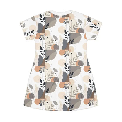 White Abstract Floral T Shirt Dress showcasing a stylish patterned short-sleeved design
