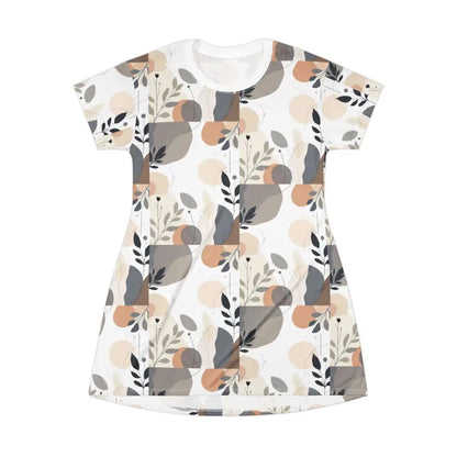 White Abstract Floral T Shirt Dress featuring a stylish white dress with an abstract floral pattern