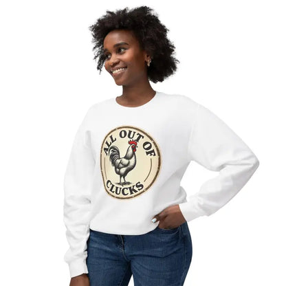 White All Out of Clucks Crewneck Sweatshirt featuring a chicken graphic design